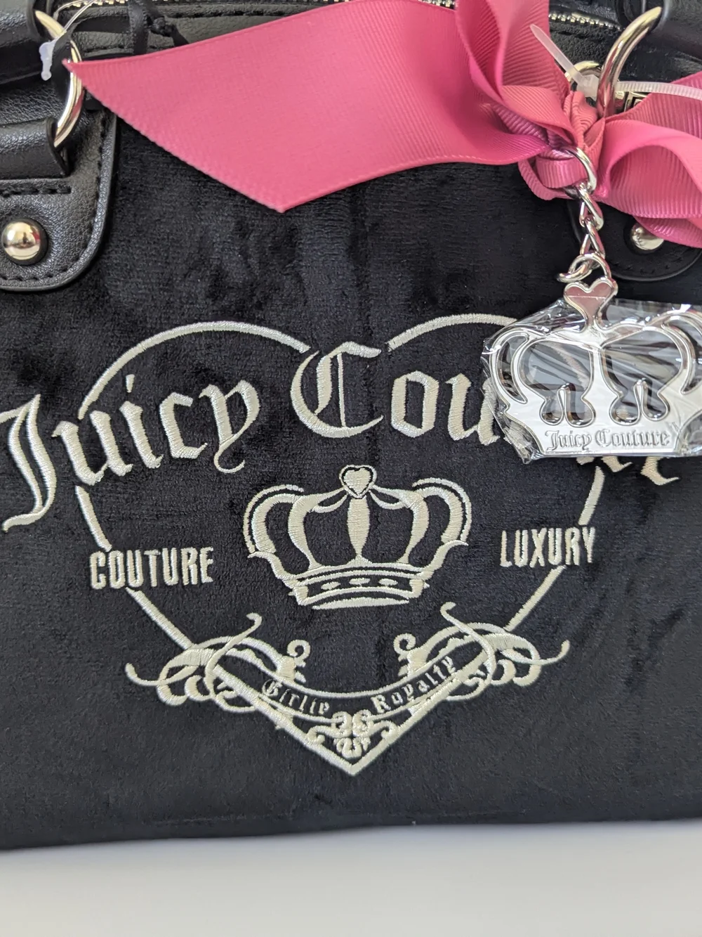 Juicy Couture Black Velvet Dome Satchel with Pink Bow Crown Charm Girlie Royalty